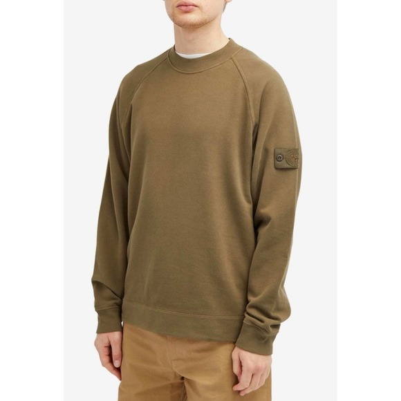 Stone Island Men Olive Green Compass Patch Raglan Crewneck Sweatshirt Pullover